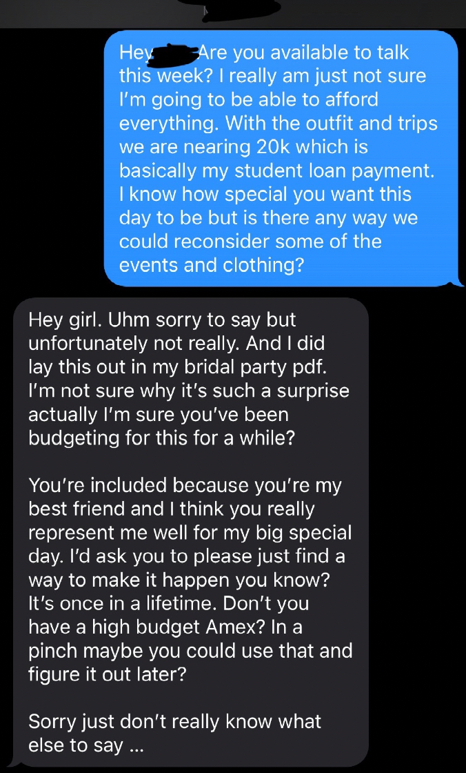 weddings, brides, ‘bridezilla’ demands debt-ridden friend pay $20k to attend her wedding, and ‘put expenses on a credit card’